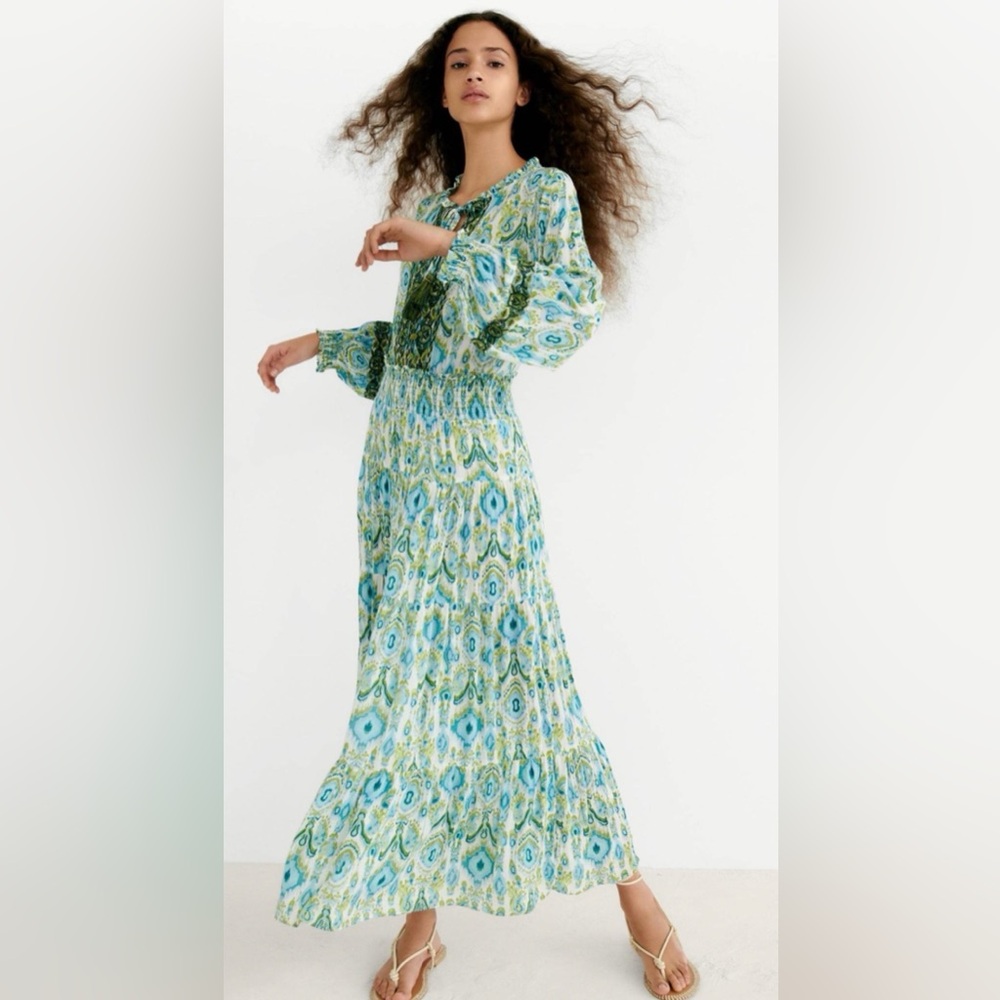 Zara Blue Green Ikat Tassel Fringe Beaded Maxi Dress Size Medium ZB2